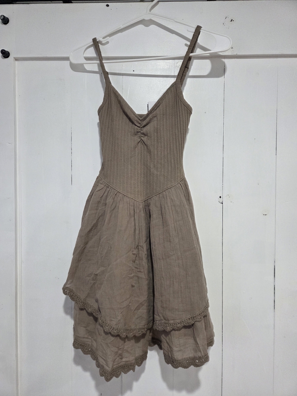 aerie Taupe Tiered Midi Dress with Spaghetti Straps